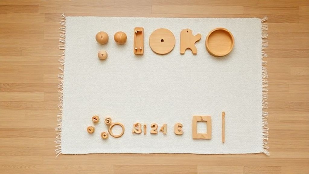 Flat lay com brinquedos e objetos naturais usados no método Montessori.