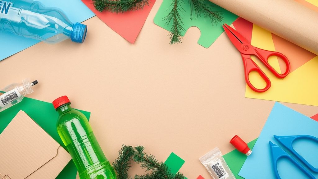 Diversos materiais recicláveis como papelão, tampinhas e garrafas PET separados para artesanato de Natal.