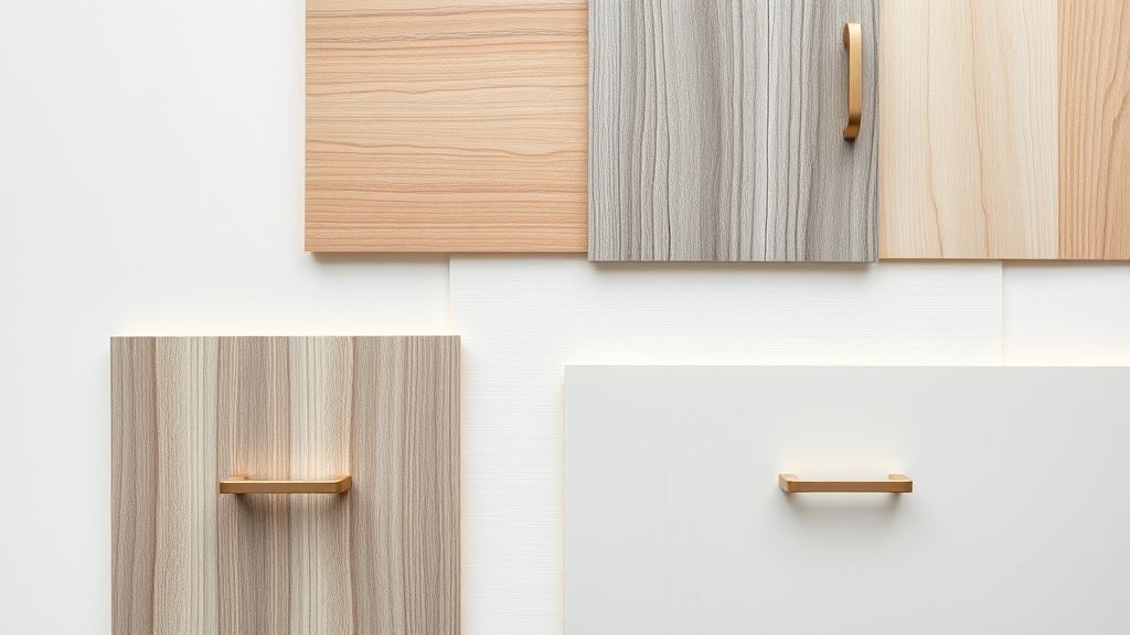 Amostra de materiais de MDF, laminados e puxadores modernos para cozinha planejada.