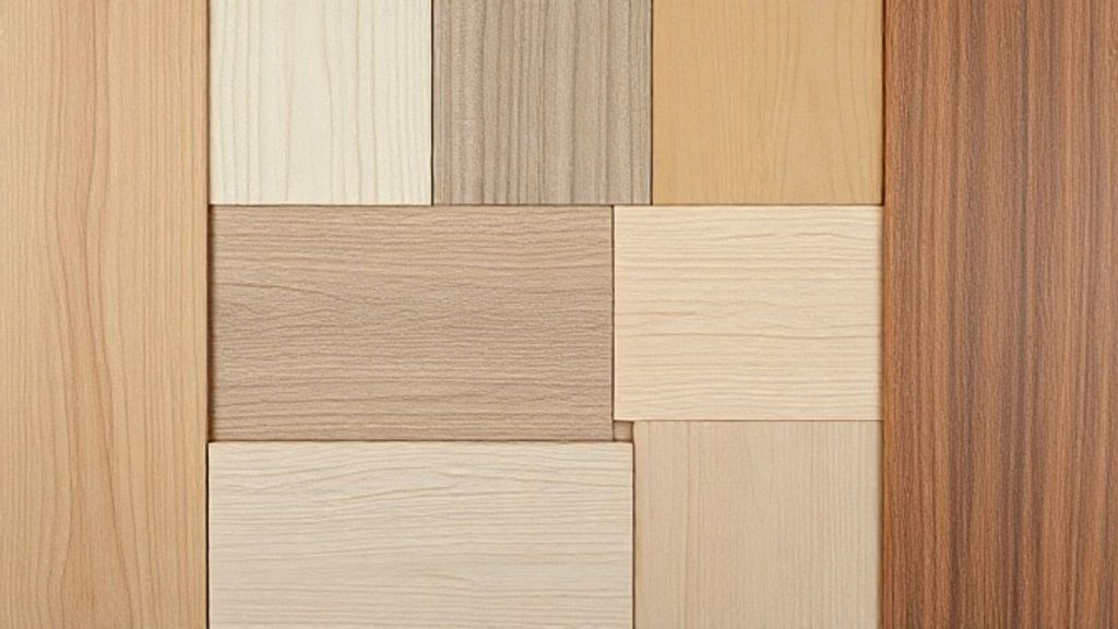 Close em amostras de MDF, madeira maciça e acabamentos para armários