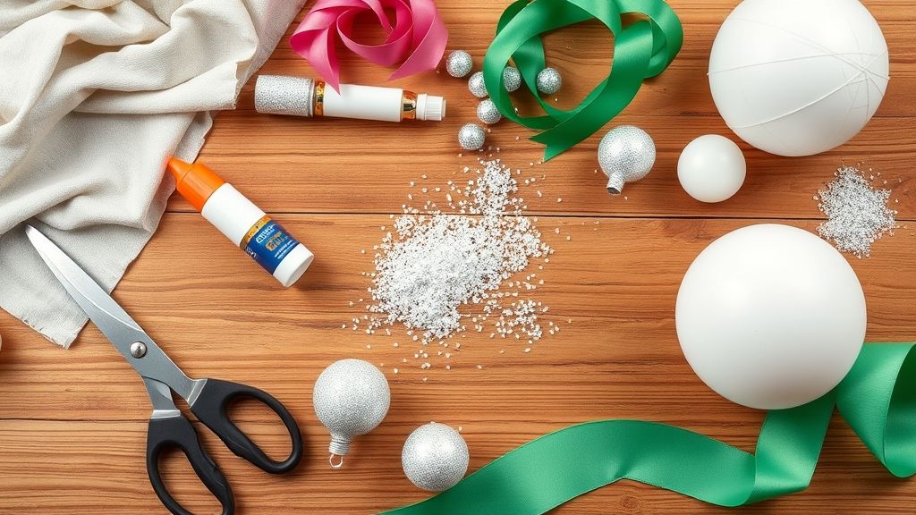 Materiais como tesoura, cola, glitter, tecidos e bolas de isopor organizados sobre a mesa.