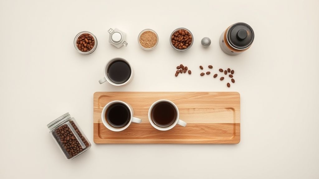 Flat lay de utensílios de café e acessórios decorativos.