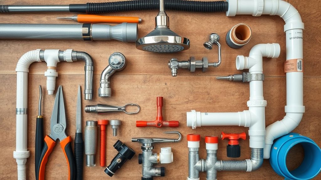 Flat lay de ferramentas e materiais usados para instalar chuveiro de teto.