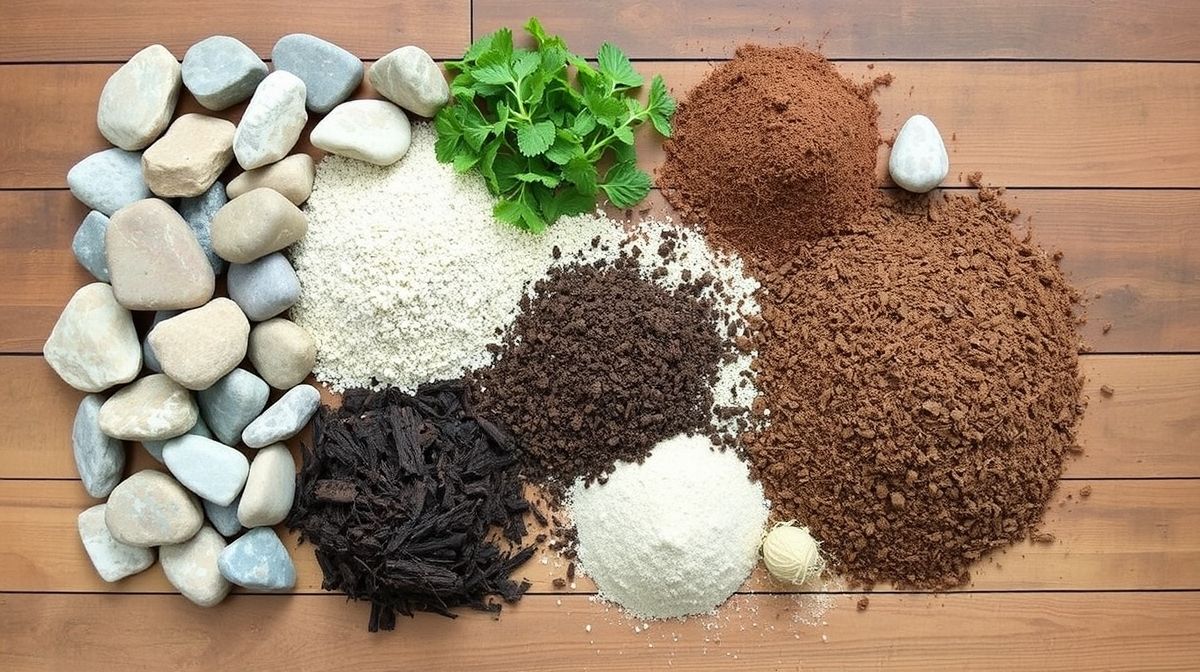 Conjunto de pedras, terra, areia e húmus organizados prontos para a montagem da espiral.