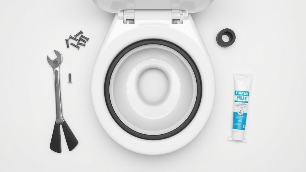 Kit de instalação da bacia sanitária com ferramentas básicas.