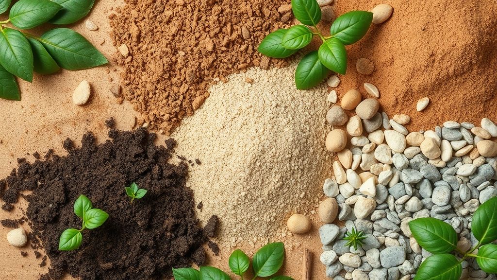 Terra vegetal, húmus, areia grossa e pedriscos dispostos para montagem de jardim barato.
