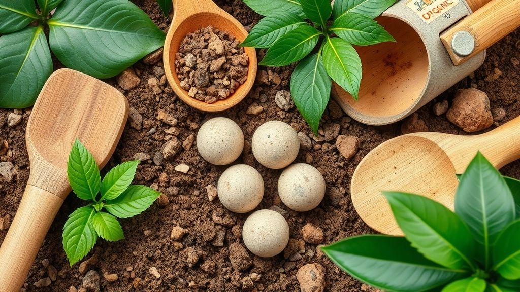 Close de substratos, adubo orgânico e ferramentas para jardinagem tropical.