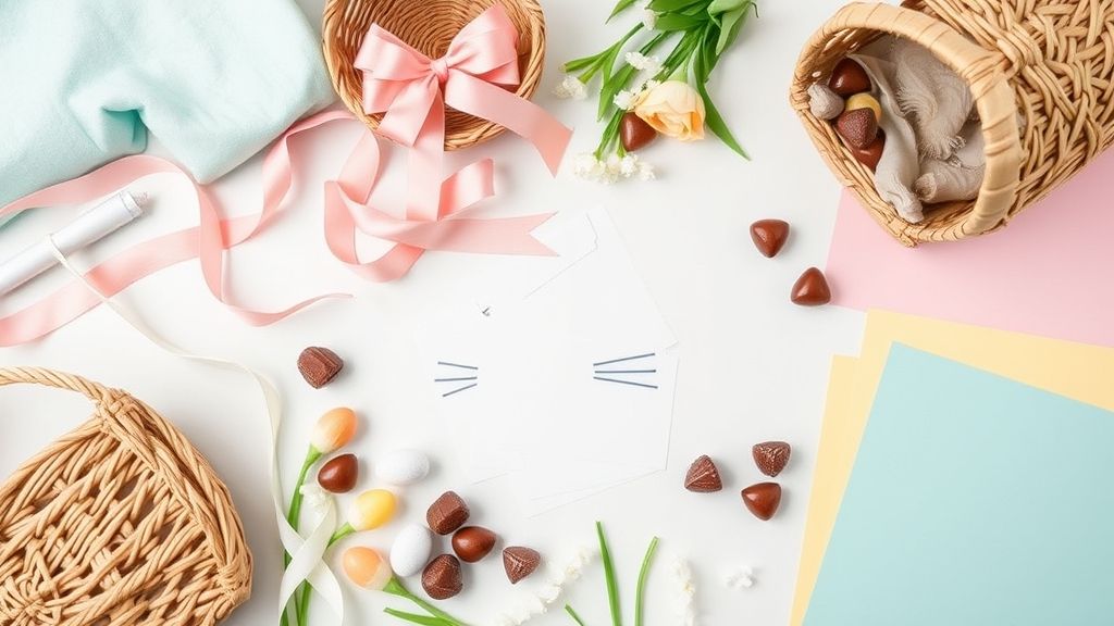 Flat lay de materiais para fazer lembrancinhas de Páscoa artesanais.
