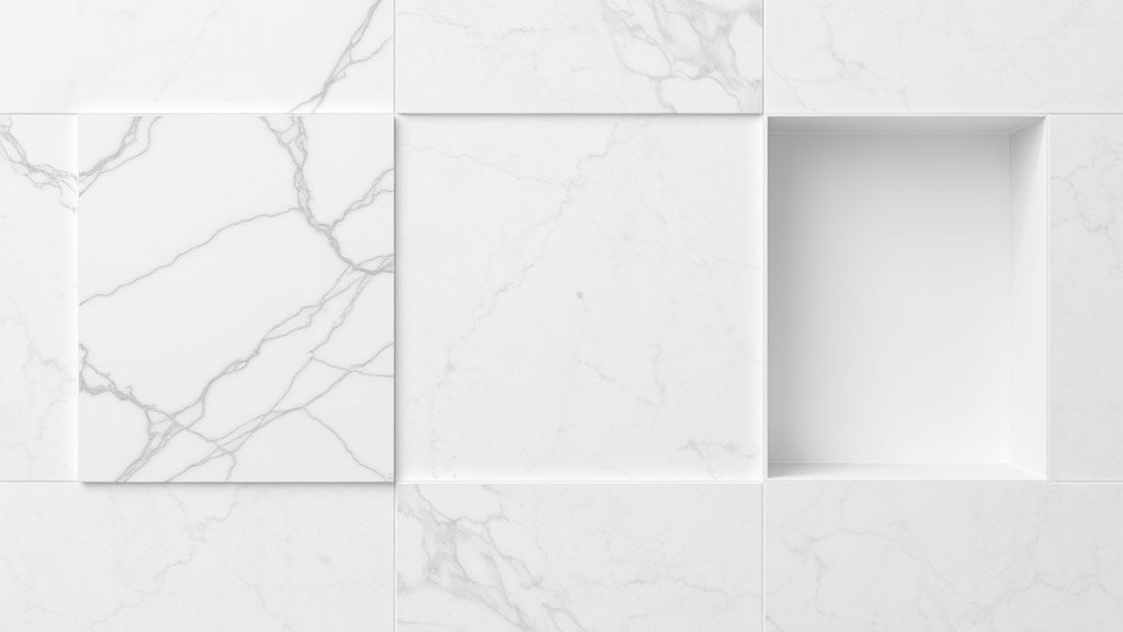 Flat lay de materiais como porcelanato, mármore e vidro para banheiros com nichos embutidos.