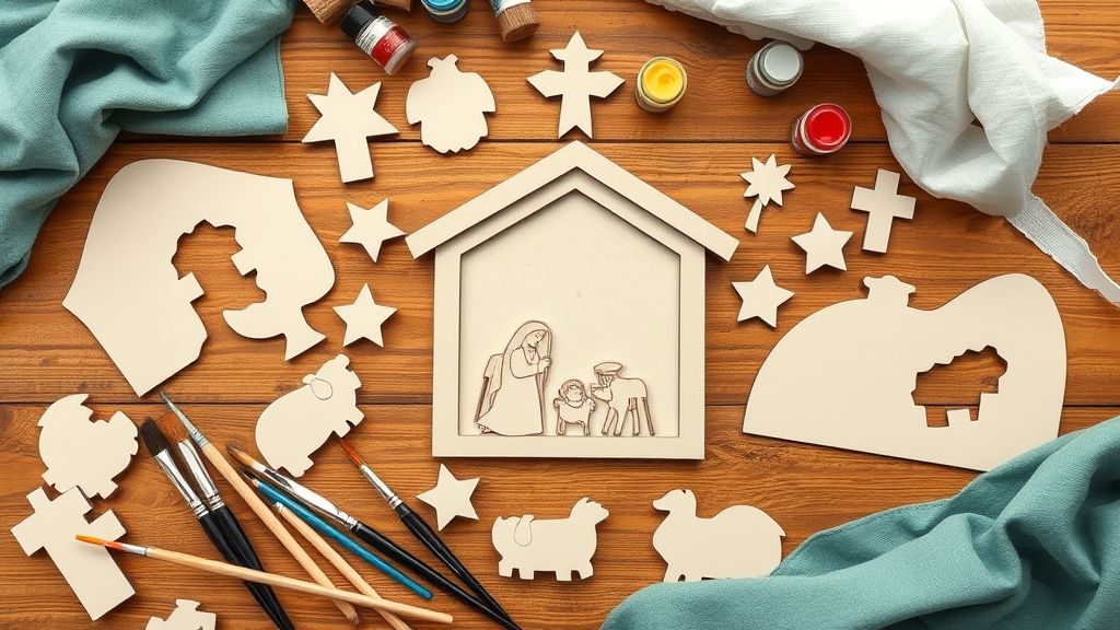 Conjunto de tintas, pincéis e peças de MDF antes da montagem