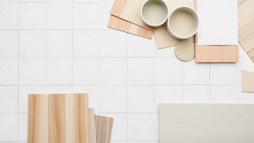 Flat lay de materiais claros e econômicos usados em reforma de casa pequena.
