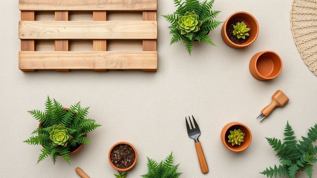 Flat lay de pallets, vasos e ferramentas para montar jardins simples.