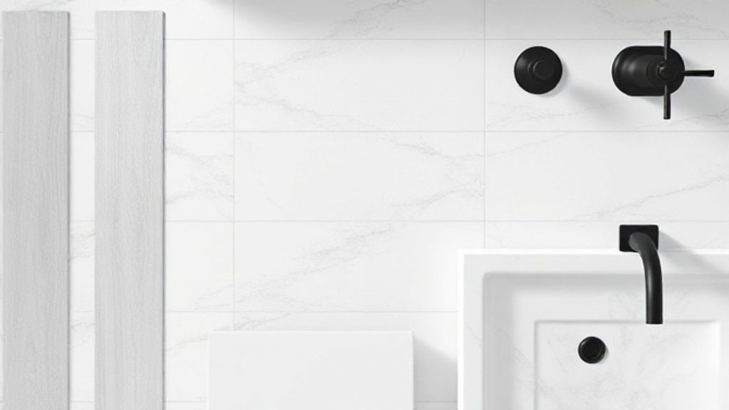 Flat lay de revestimentos, pisos vinílicos e metais em dourado escovado para lavabo.
