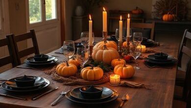 Mesa de jantar decorada para Halloween com velas, abóboras e detalhes elegantes.