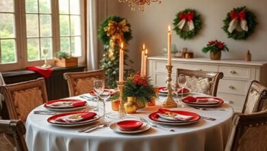 Mesa de Natal decorada em estilo clássico, com vermelho, dourado e velas baixas.