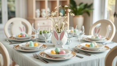 Mesa de jantar decorada com lembrancinhas de Páscoa coloridas em estilo delicado.