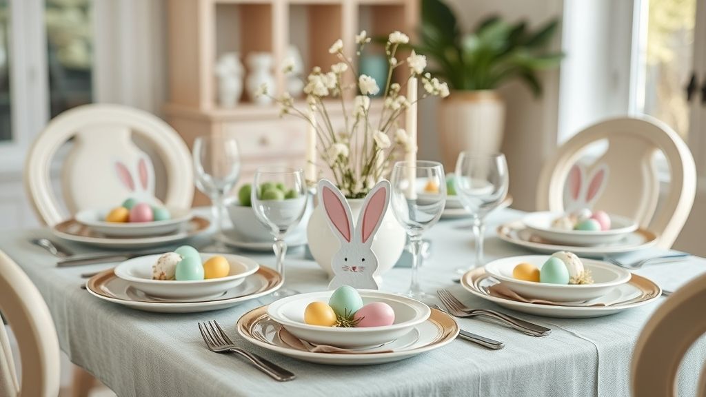 Mesa decorada com lembrancinha de Páscoa criativa em cores suaves e elementos artesanais.