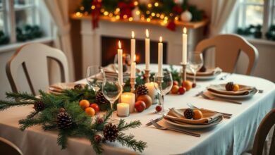 Mesa de Natal simples com velas e frutas na decoração central