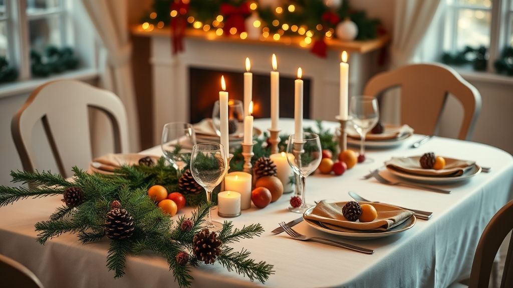 Mesa de Natal simples com velas e frutas na decoração central