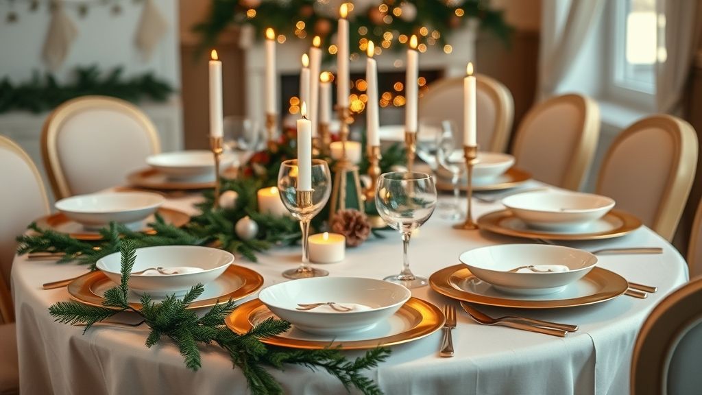 Mesa posta de Natal elegante com louça branca, sousplats dourados e arranjo com velas.