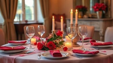 Mesa bem posta para jantar romântico de Dia dos Namorados com velas e flores delicadas.