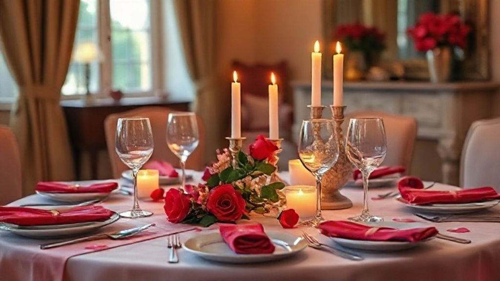 Mesa elegante decorada para jantar romântico em casa Dia dos Namorados com velas e flores