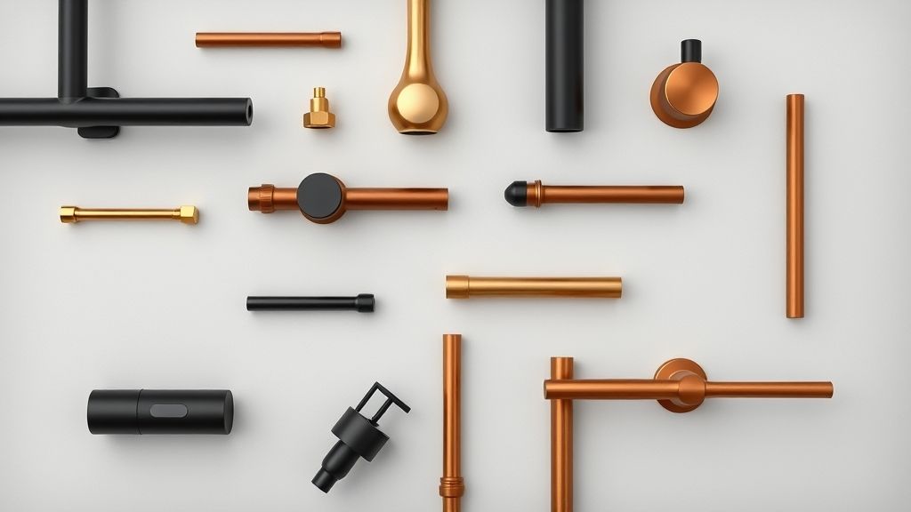 Flat lay de torneiras e puxadores em diferentes acabamentos metálicos.