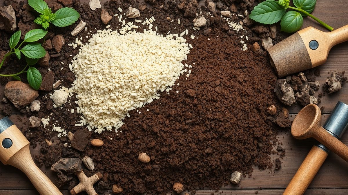 Close-up de substrato com terra, vermiculita e adubo orgânico.