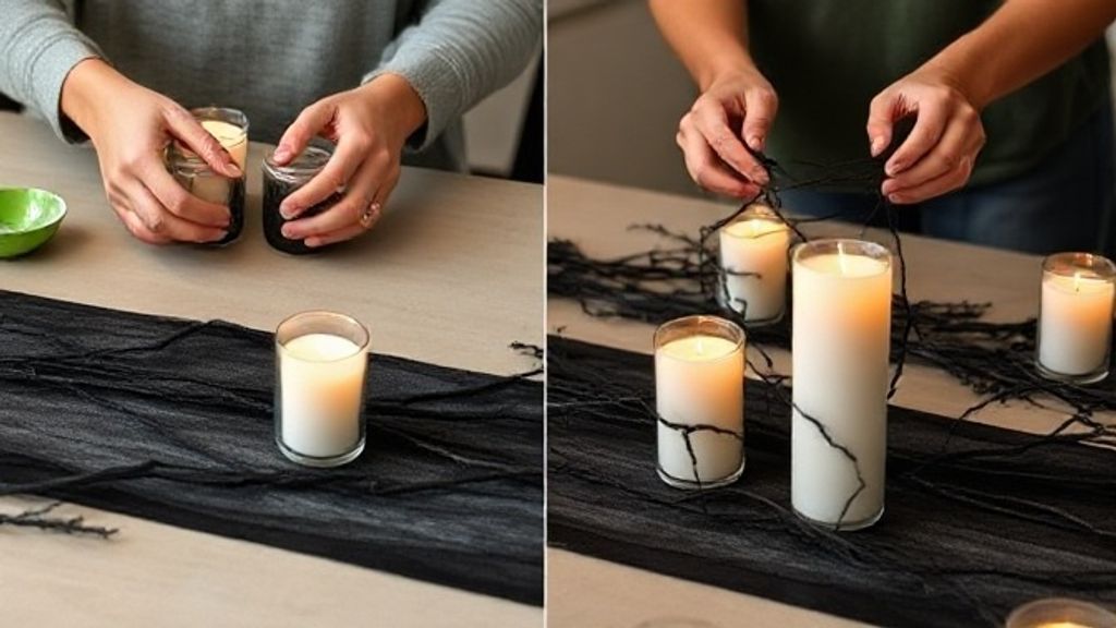 Mãos ajustando castiçais e arranjo de galhos secos na mesa decorada.