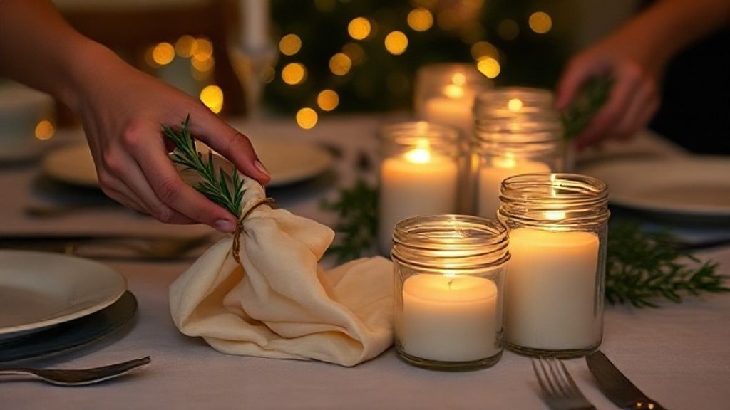 Mãos posicionando guardanapos com ramos de ervas e velas em potes de vidro.