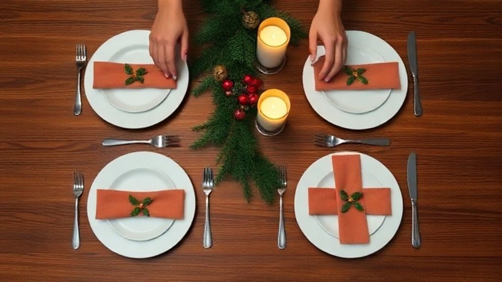 Mãos organizando pratos e guardanapos decorados na mesa de Natal.