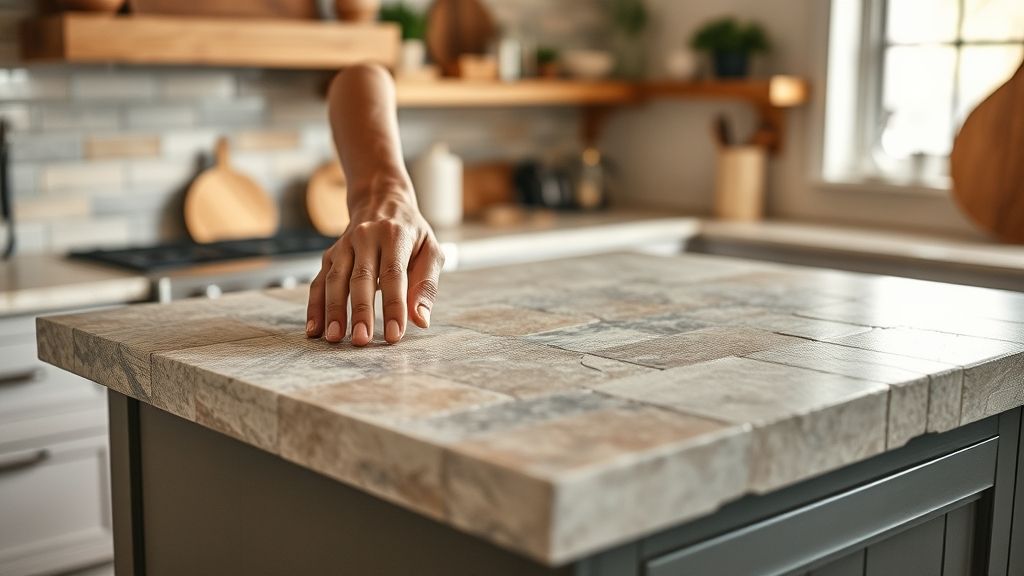 Processo de instalação de bancada de pedra em cozinha rústica elegante.