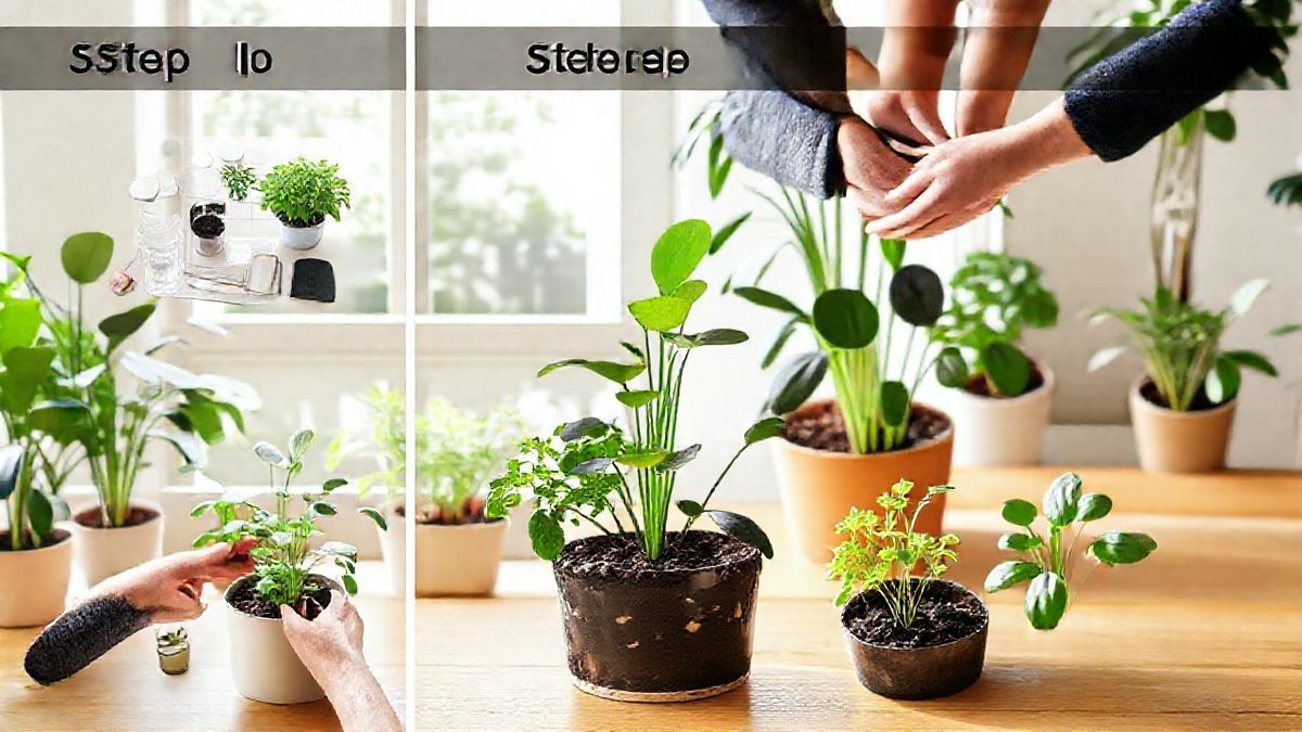 Pessoa organizando plantas em substrato leve dentro de um espaço interno iluminado.