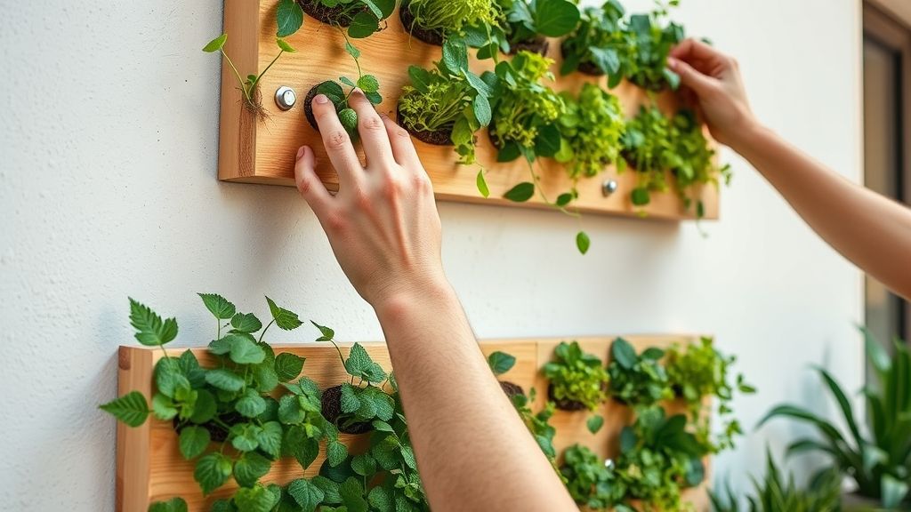 Pessoa fixando plantas em estrutura de parede com ferramentas.