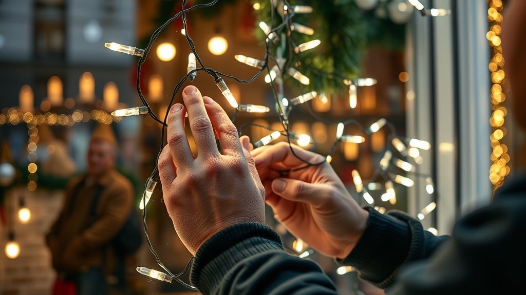 Pessoa instalando luzes de Natal em uma vitrine de loja.