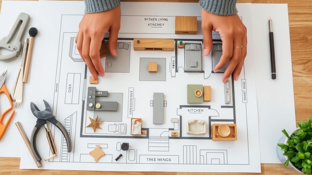 Profissional ajustando layout de sala integrada à cozinha com plantas e móveis modulares.