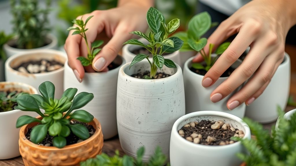Pessoa montando um simples jardim com vasos de cerâmica e folhagens.