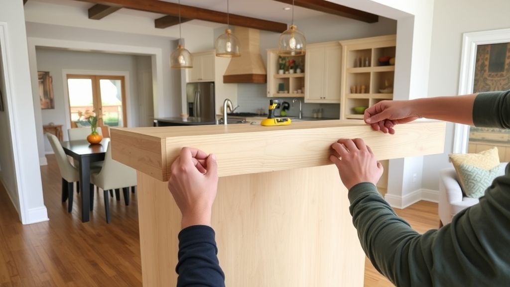 Processo de instalação de bancada integrando sala e cozinha com ferramentas.