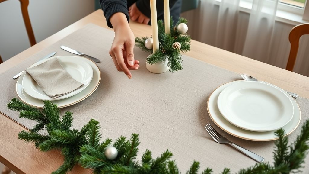 Mãos organizando pratos, guardanapos e talheres na mesa de Natal
