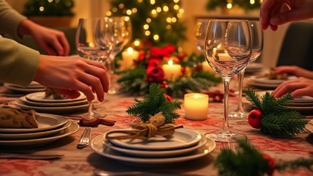 Pessoa posicionando pratos e taças na mesa posta de Natal.