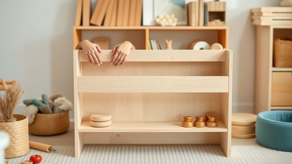 Mãos ajustando uma estante baixa em quarto infantil montessoriano.