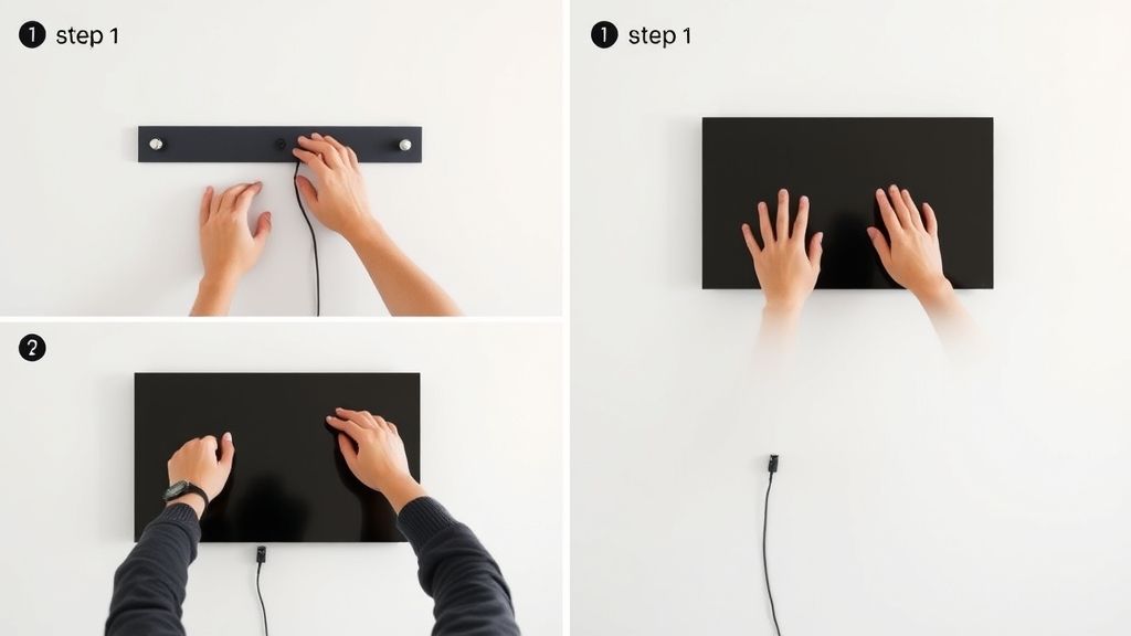 Pessoa ajustando painel de TV e organizando fios de forma clean.