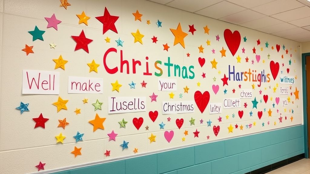 Mural escolar decorado com desejos de Natal feitos por alunos em forma de estrelas coloridas.