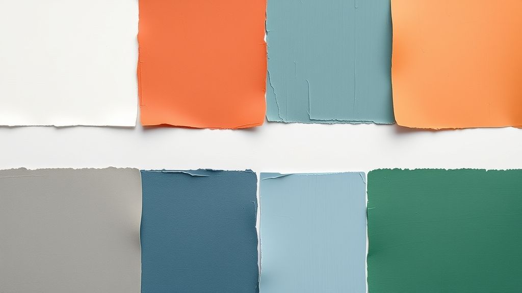 Amostra de combinações de cores para cozinhas modernas e compactas.