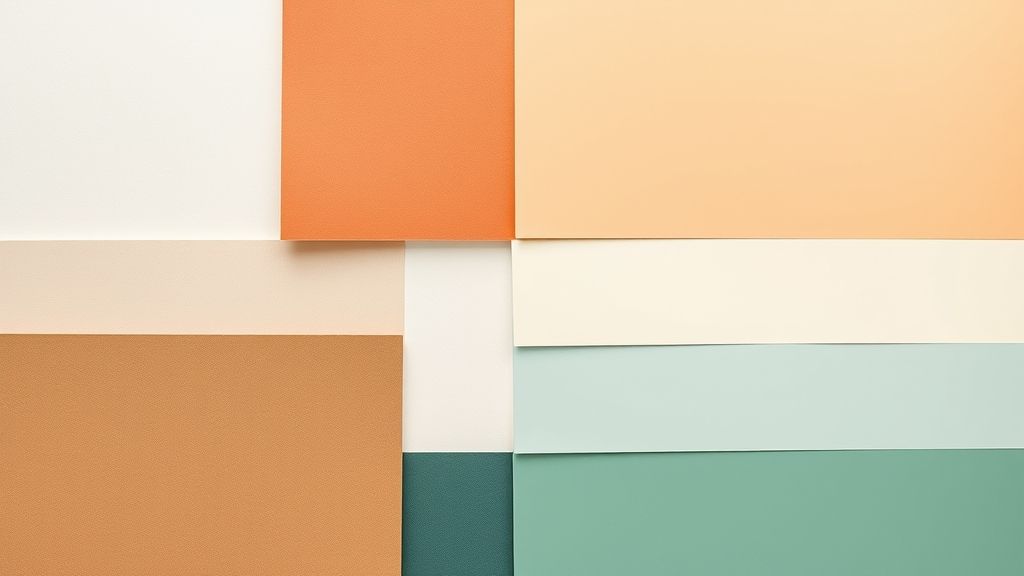 Seleção de amostras de cores neutras, frias e quentes sobre mesa de madeira
