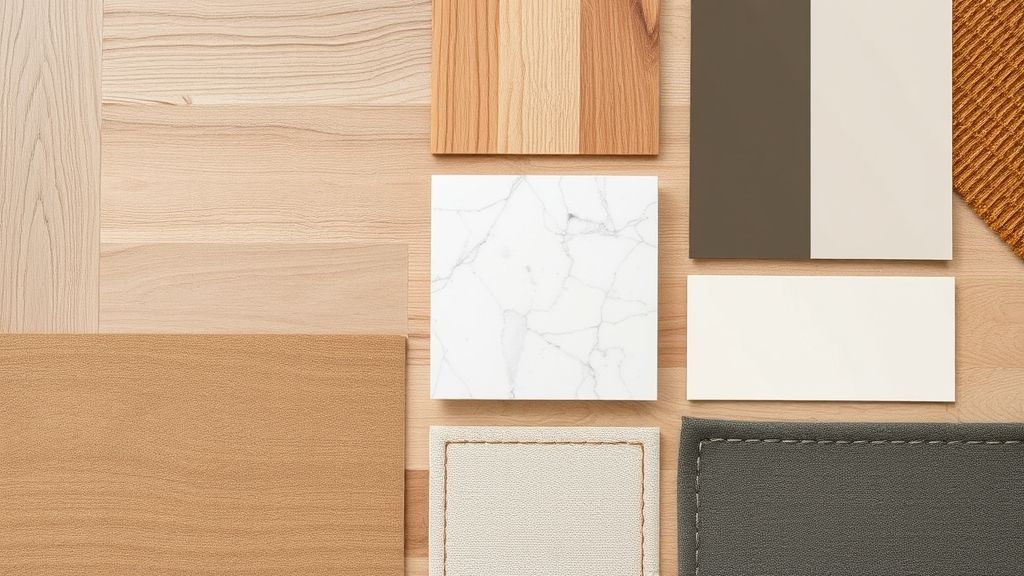 Close-up de amostras de cores e materiais sugeridos para cozinhas e salas conjugadas.