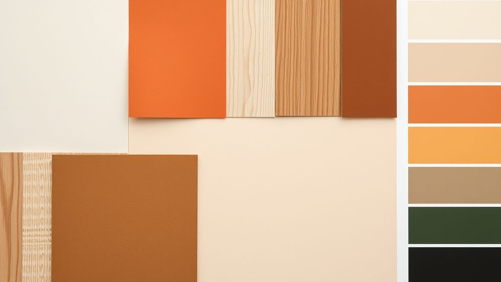 Detalhe de paleta de cores neutras e quentes para cozinha e sala conjugados.