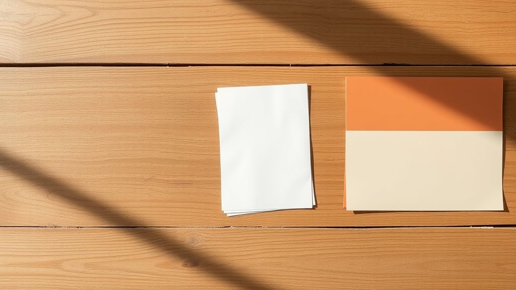 Amostras de paleta de cores com tons neutros, quentes e frios sobre mesa de madeira.
