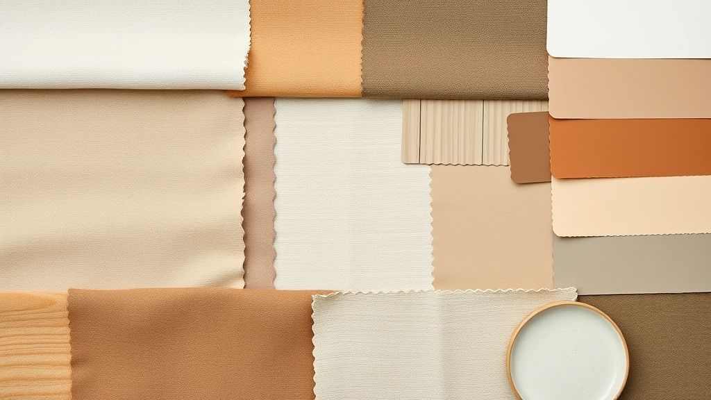 Combinação de amostras de cores e tecidos para sala de estar em tons neutros e terrosos.