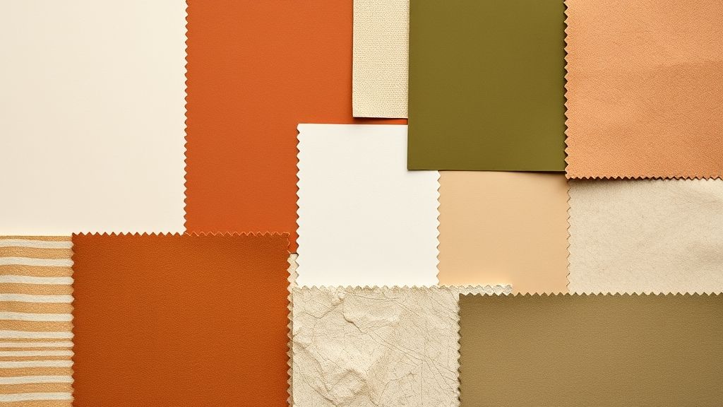 Conjunto de amostras de cores terrosas e verdes para decoração da casa moderna 2026.